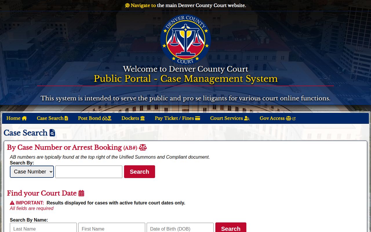 Denver County Court booking case and disposition search interface