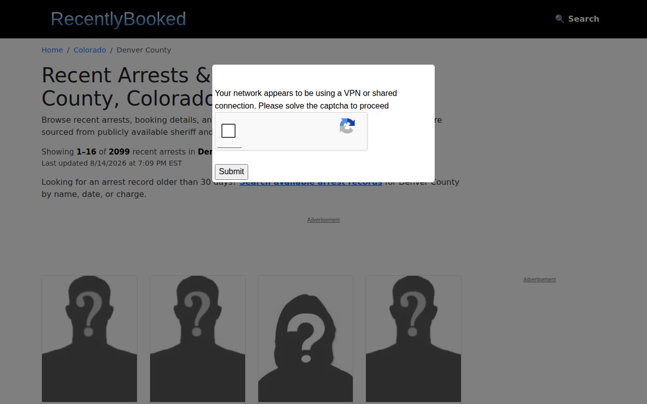 Unofficial Denver County thirty-day booking record feed without mugshots