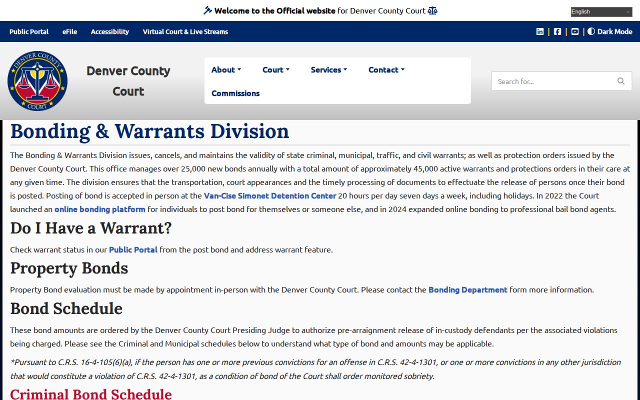Denver County Court Bonding and Warrants official information page